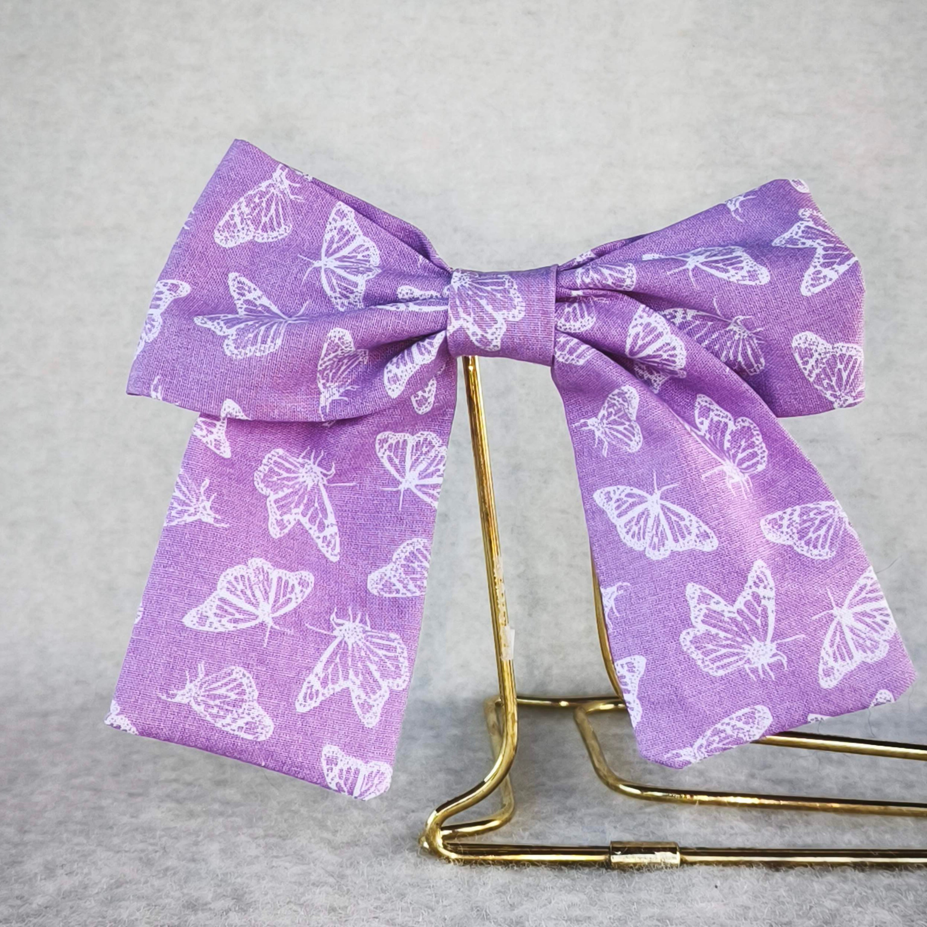 noeud cheveux violet lilas motif papillons coton kaleidoscope vue avant avec support