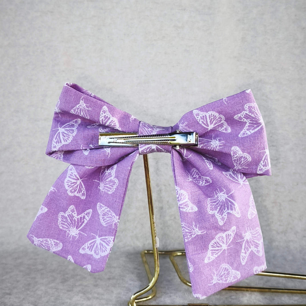 noeud cheveux violet lilas motif papillons coton kaleidoscope vue dos avec support