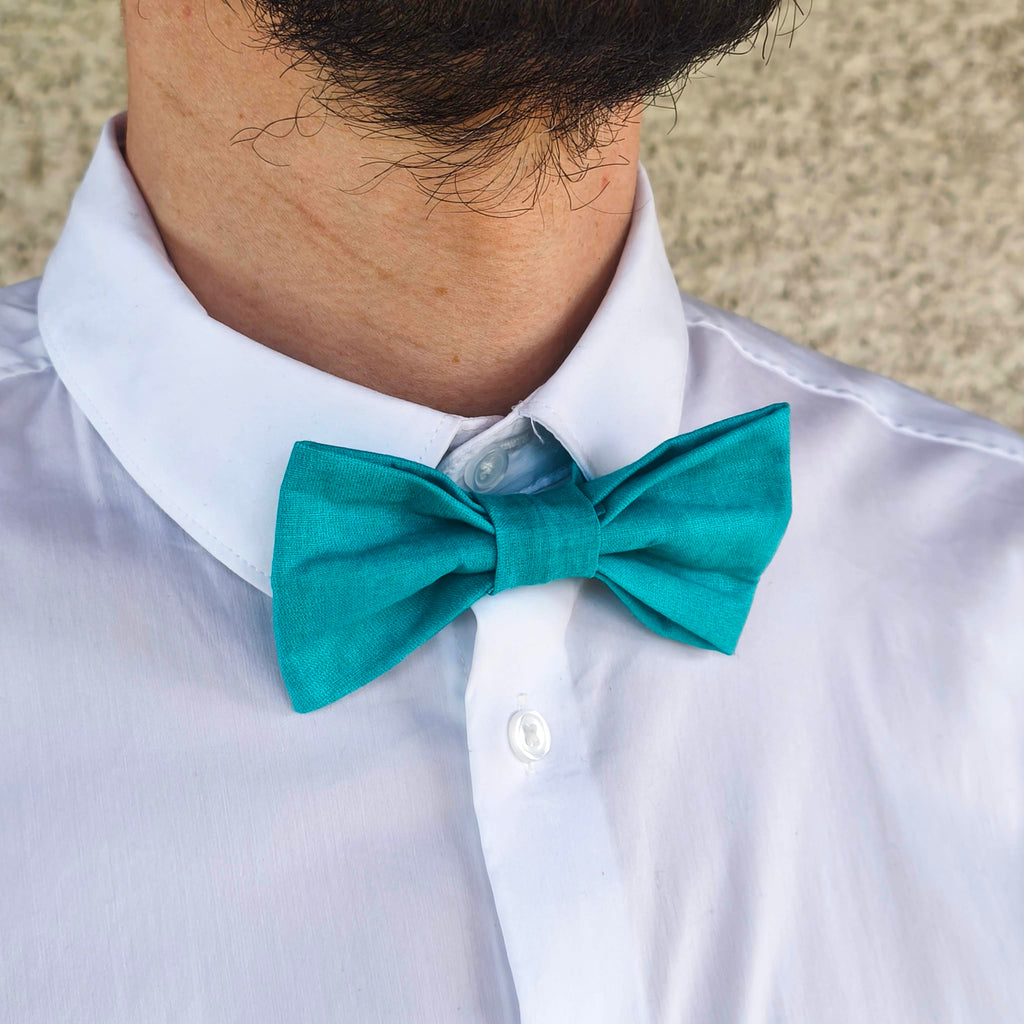 noeud papillon uni turquoise coton lagon profond porté profil