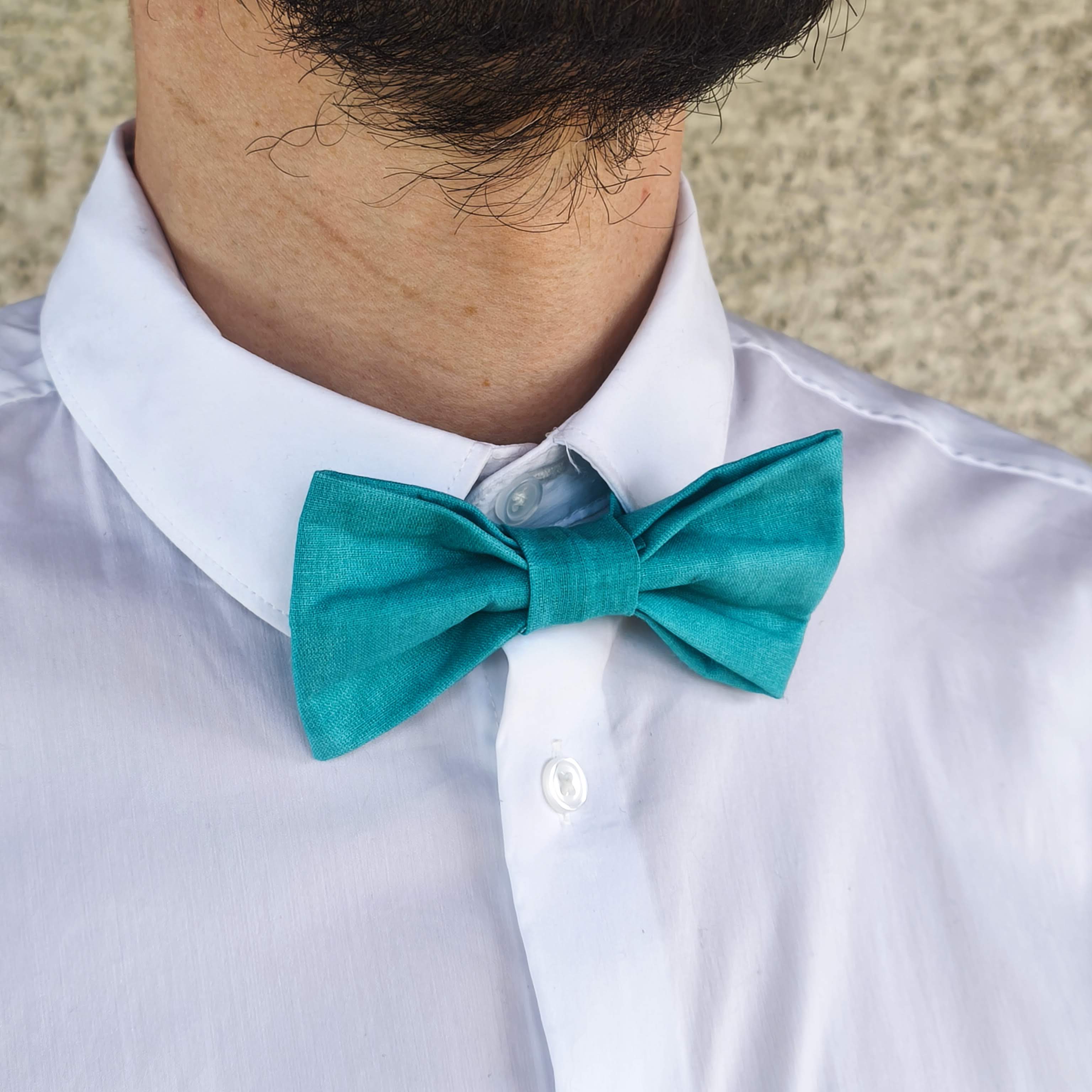 noeud papillon uni turquoise coton lagon profond porté profil